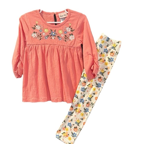 Little lass Pink, coral floral embroidered toddler girl, top and leggings set 3T - Picture 1 of 9